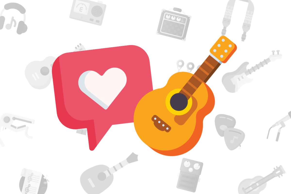 animated orange guitar beside pink and white heart speech bubble on white background.