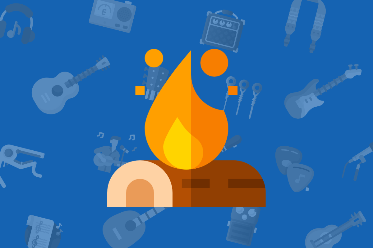 animated fire burning on wooden log on blue musical themed background