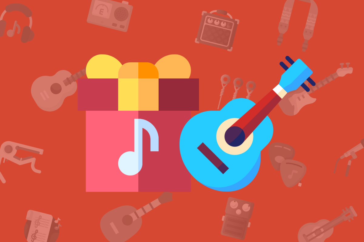 animated blue ukulele beside red present with music note on the side on red background