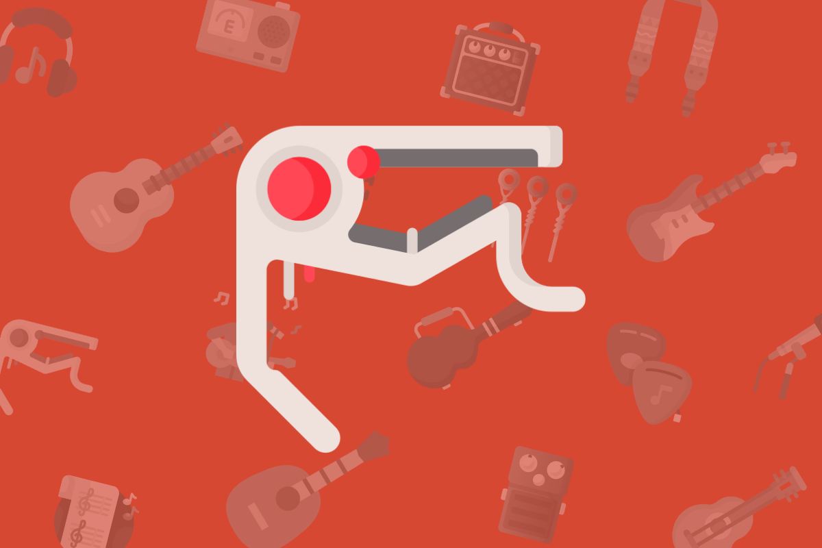 animated guitar capo on red background with musical items behind