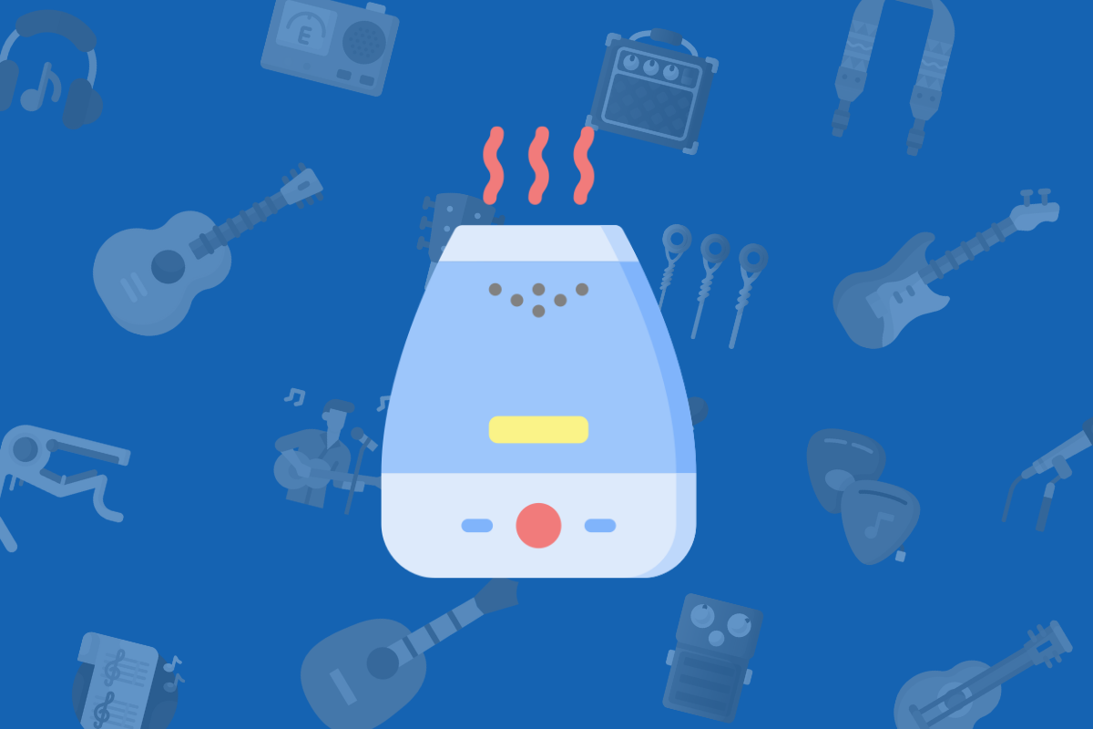 animated room humidifier on blue background with musical items
