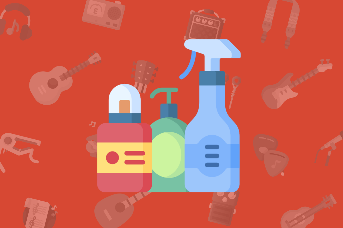 animated cleaning and spray bottles on red background with musical items