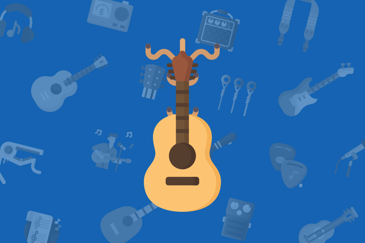 animated acoustic guitar hanging on wall hanger on blue musical background.