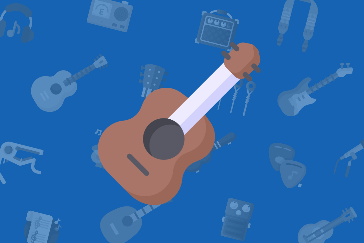 animated brown tenor ukulele on blue music themed background