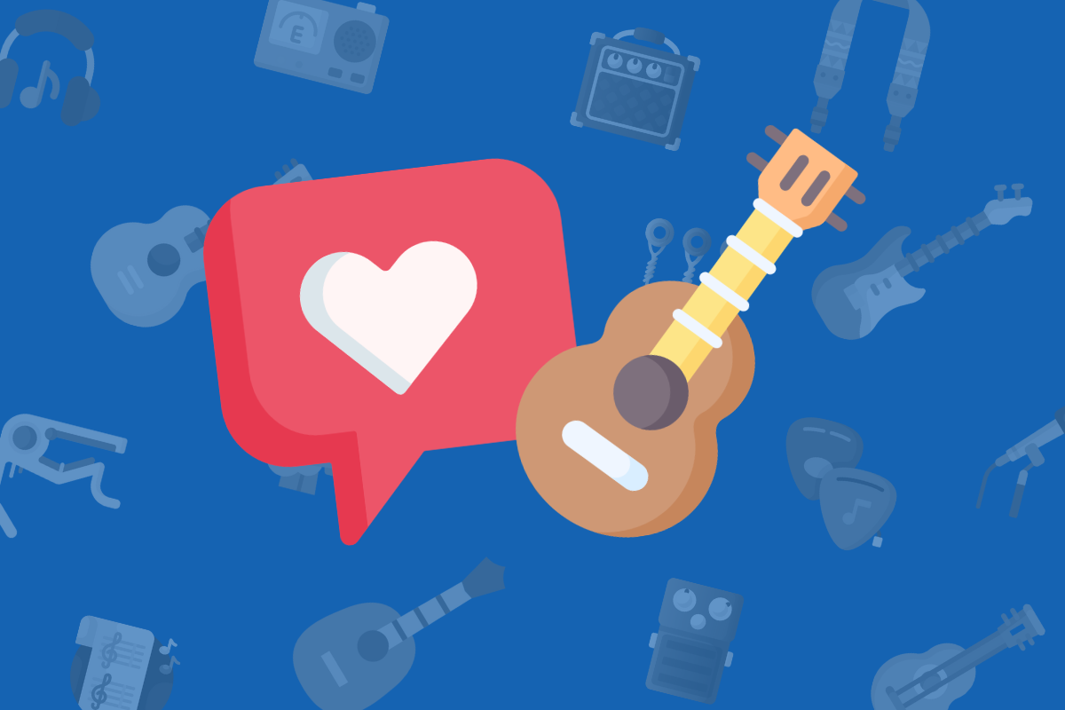 animated brown ukulele beside pink and white heart speech bubble on blue background.