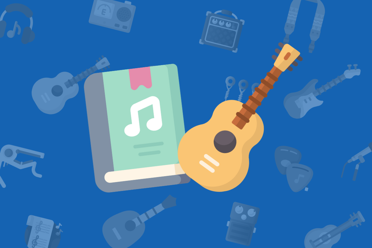 animated acoustic guitar beside green book with music note on blue background.