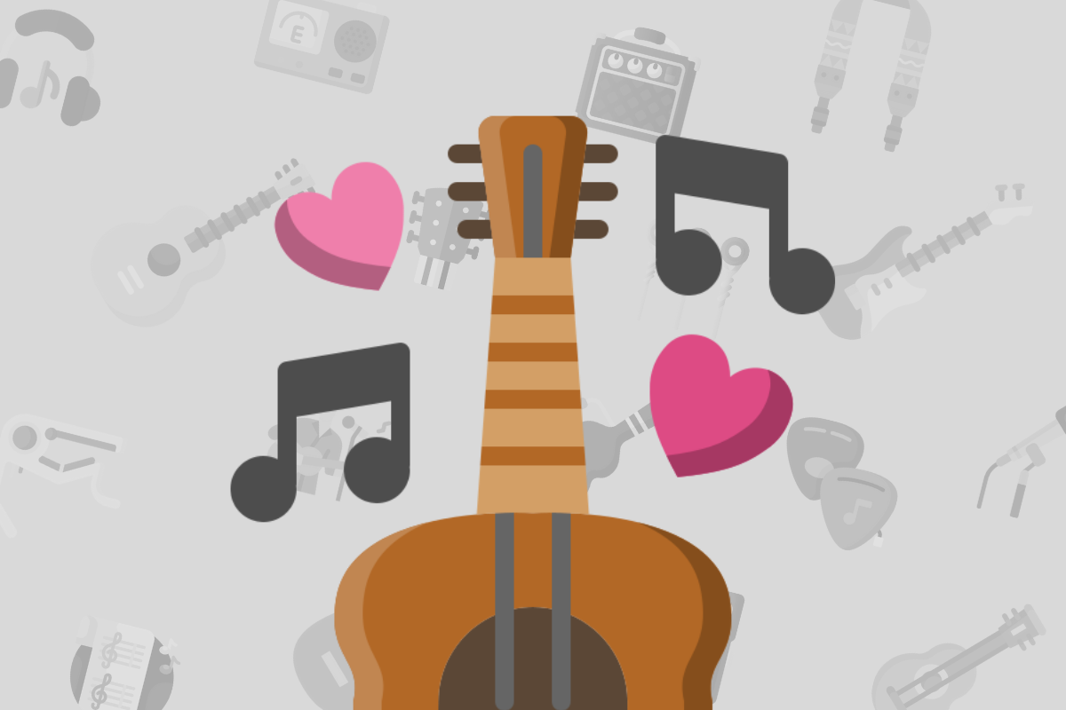 animated acoustic guitar with music notes and hearts around it on grey background