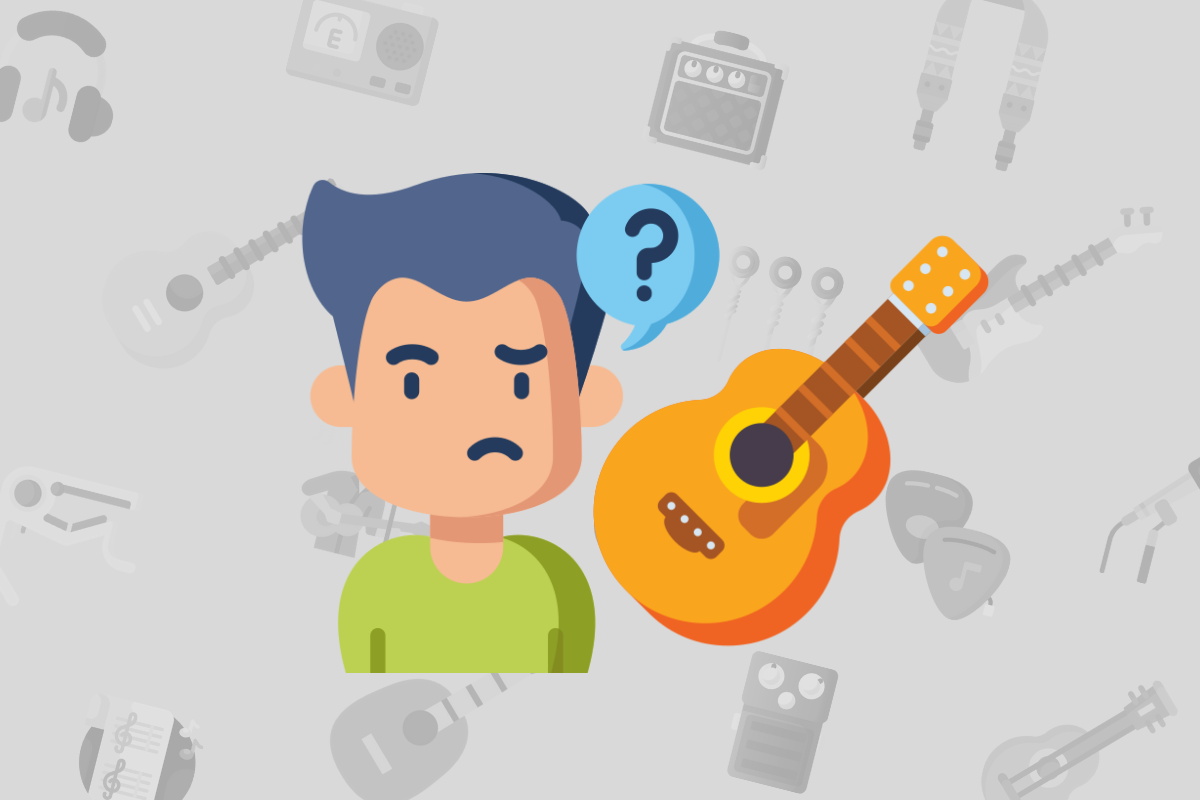 animated boy with question mark and guitar beside head on grey background