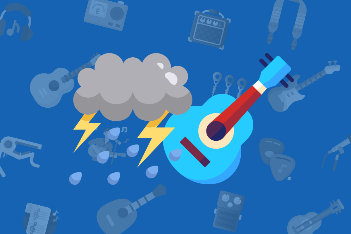 animated blue ukulele and storm cloud with lightening and rain on blue music background