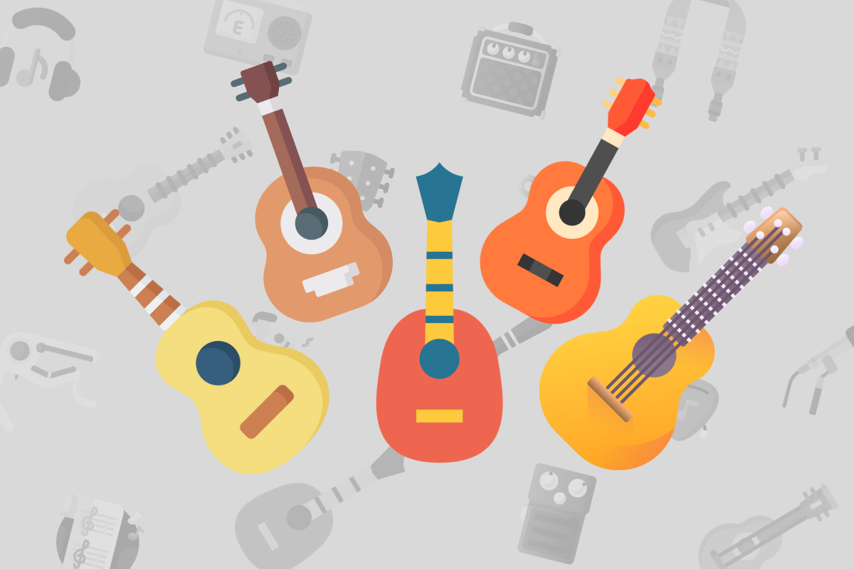 animated colorful ukuleles of various sizes on grey musical background