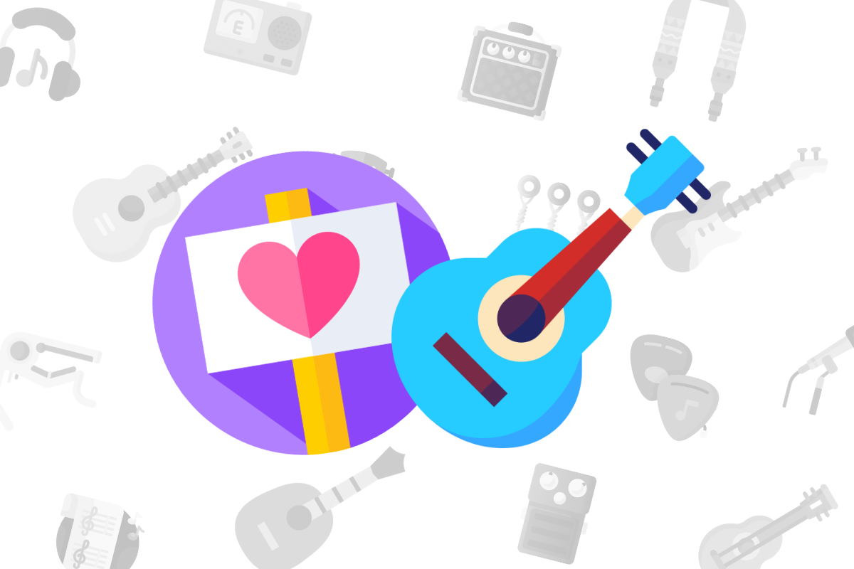 animated blue ukulele beside white sign with heart on it on white musical background.