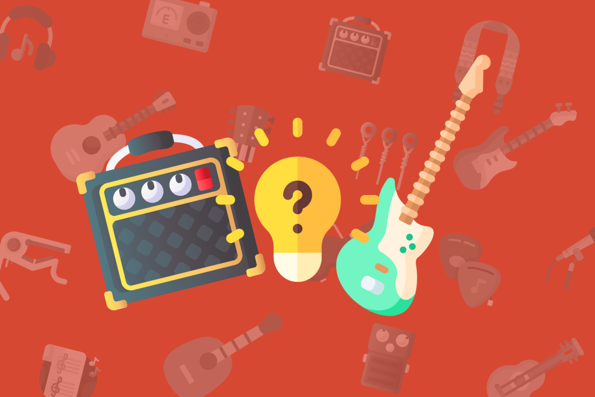 animated guitar amp beside question mark and bass guitar on red music themed background