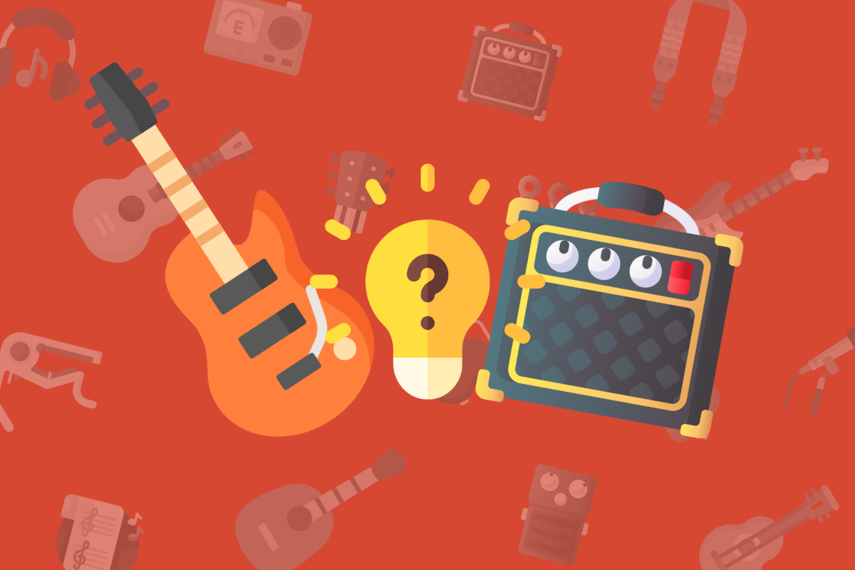 animated orange guitar beside yellow lightbulb and guitar amp on red music themed background.