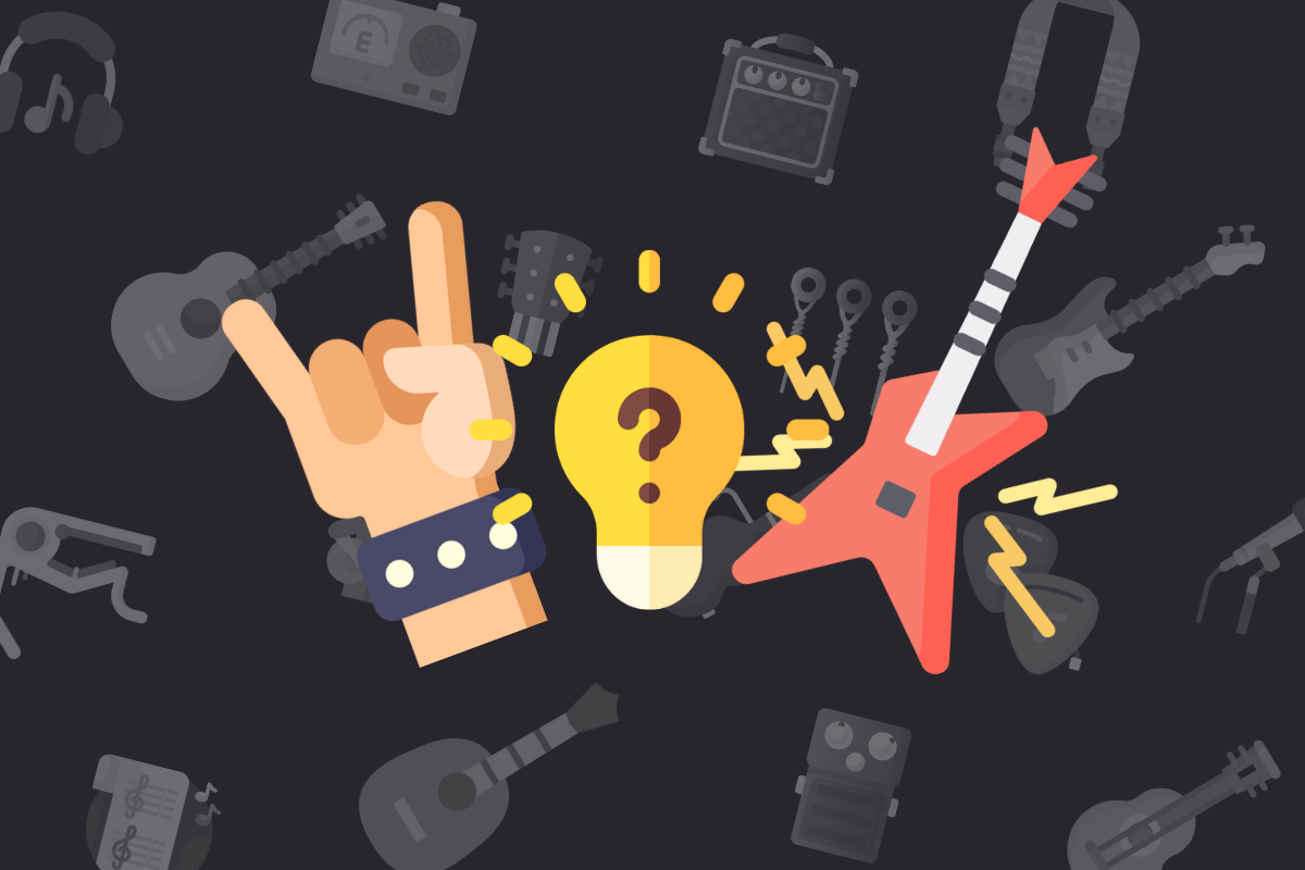 animated white hand making rock symbol with yellow lightbulb beside red flying v electric guitar on black music themed background.