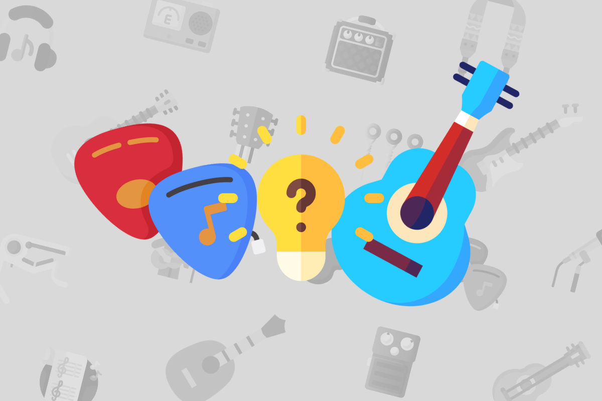 animated red and blue guitar picks beside yellow lightbulb and blue ukulele on grey music themed background.