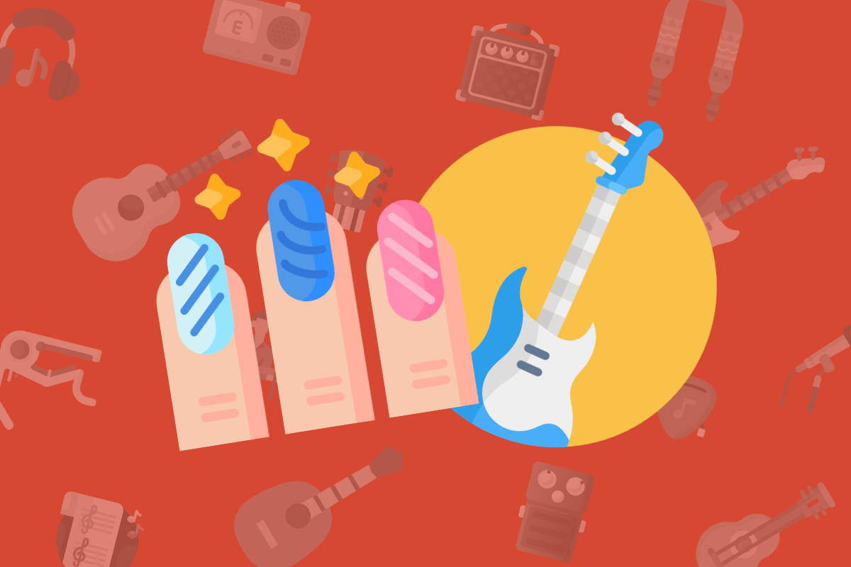animated finger nails with electric guitar beside on red music themed background