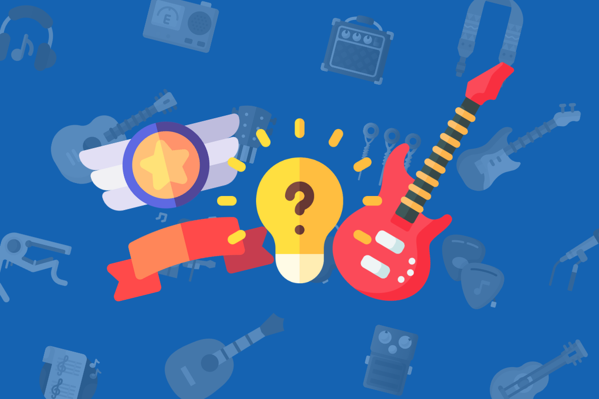 animated stickers beside yellow lightbulb and red electric guitar on blue music themed background.