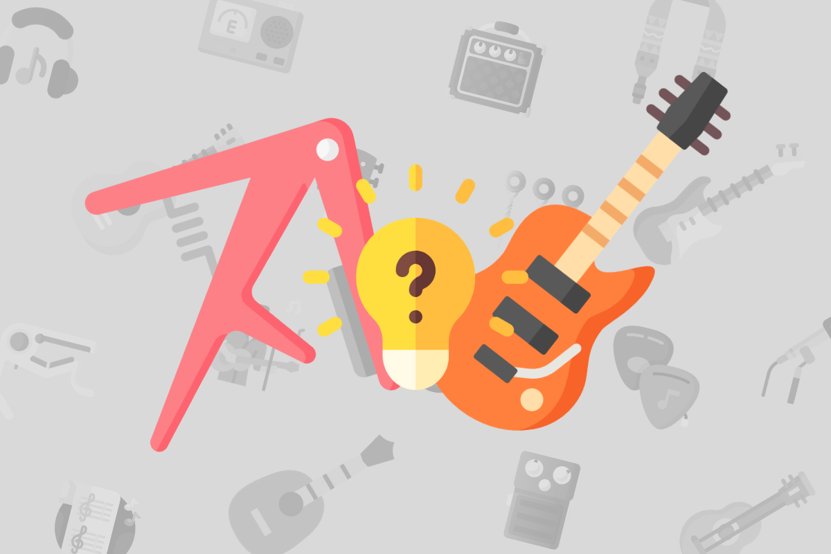 animated guitar capo beside guitar and small lightbulb with question mark on grey music background.