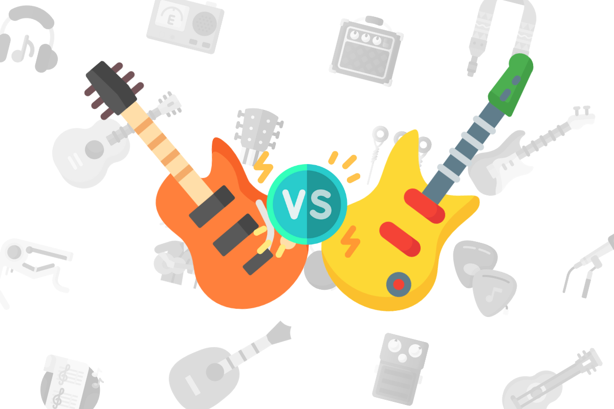 animated electric guitars with versus symbol on white music themed background