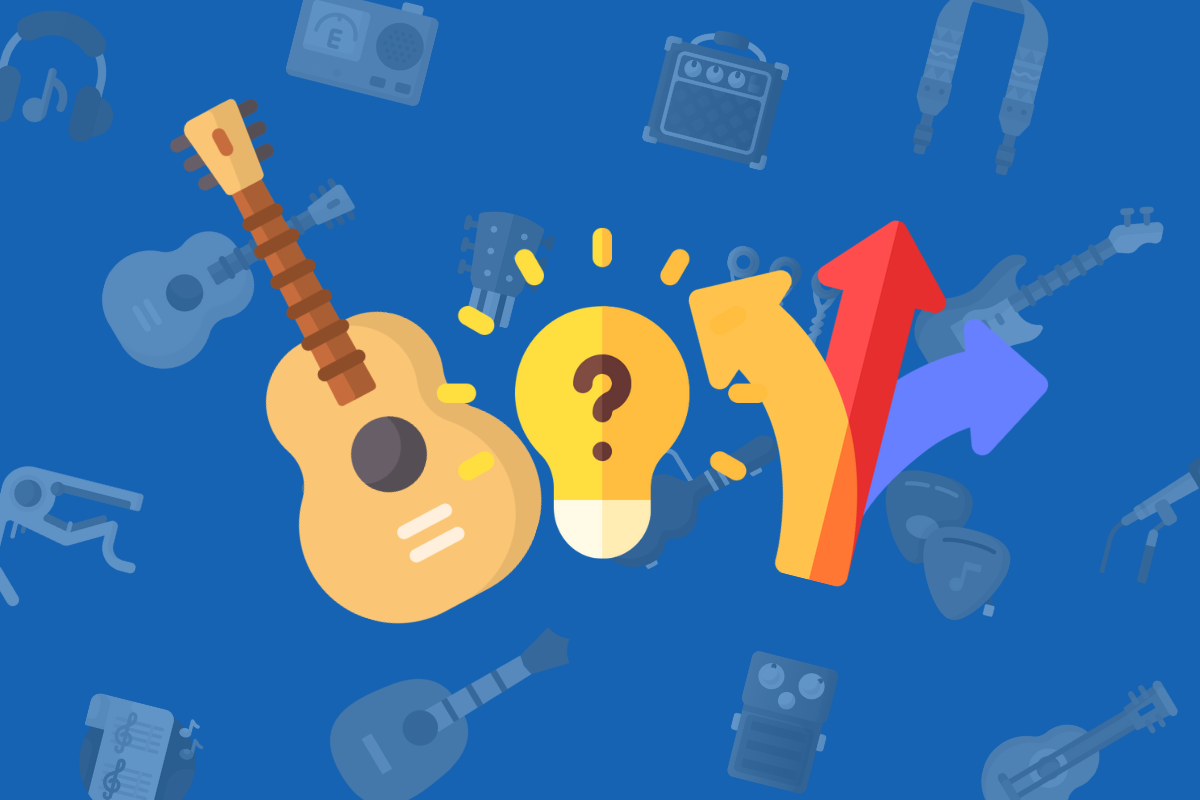 animated acoustic guitar beside yellow lightbulb and multi-colored arrows on blue musical themed background.