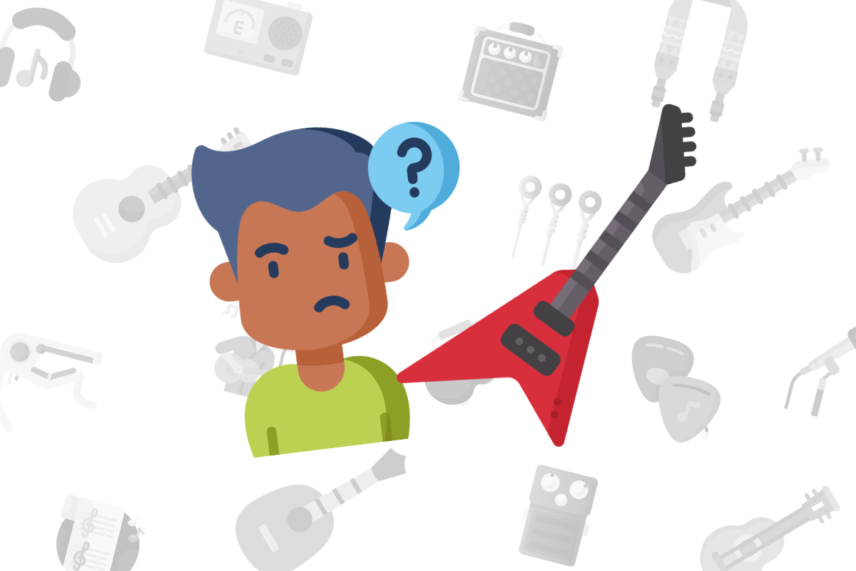 animated man with question bubble beside red axe guitar on white music themed background