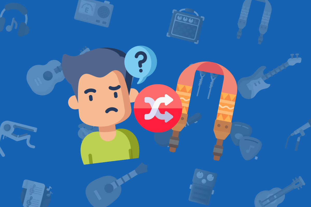 animated man with question mark above head beside guitar strap and arrow symbol on blue music themed background