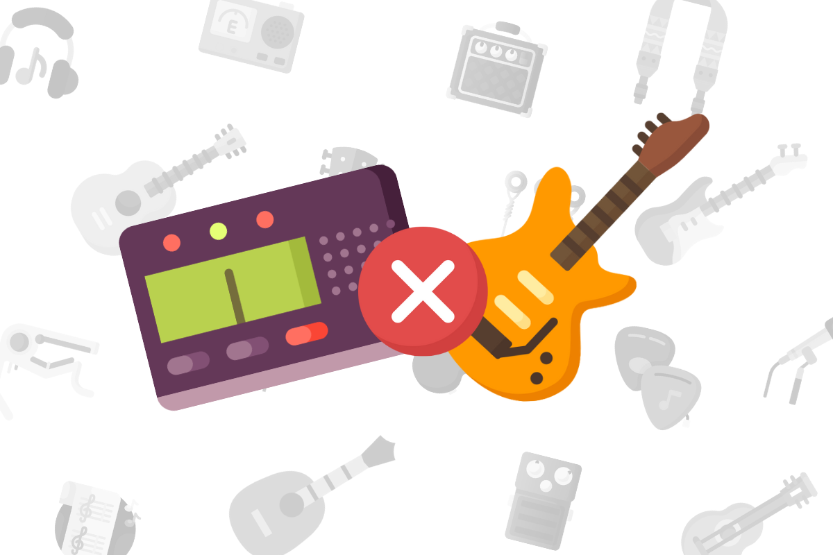 animated guitar tuner and guitar behind red x symbol on white music themed background
