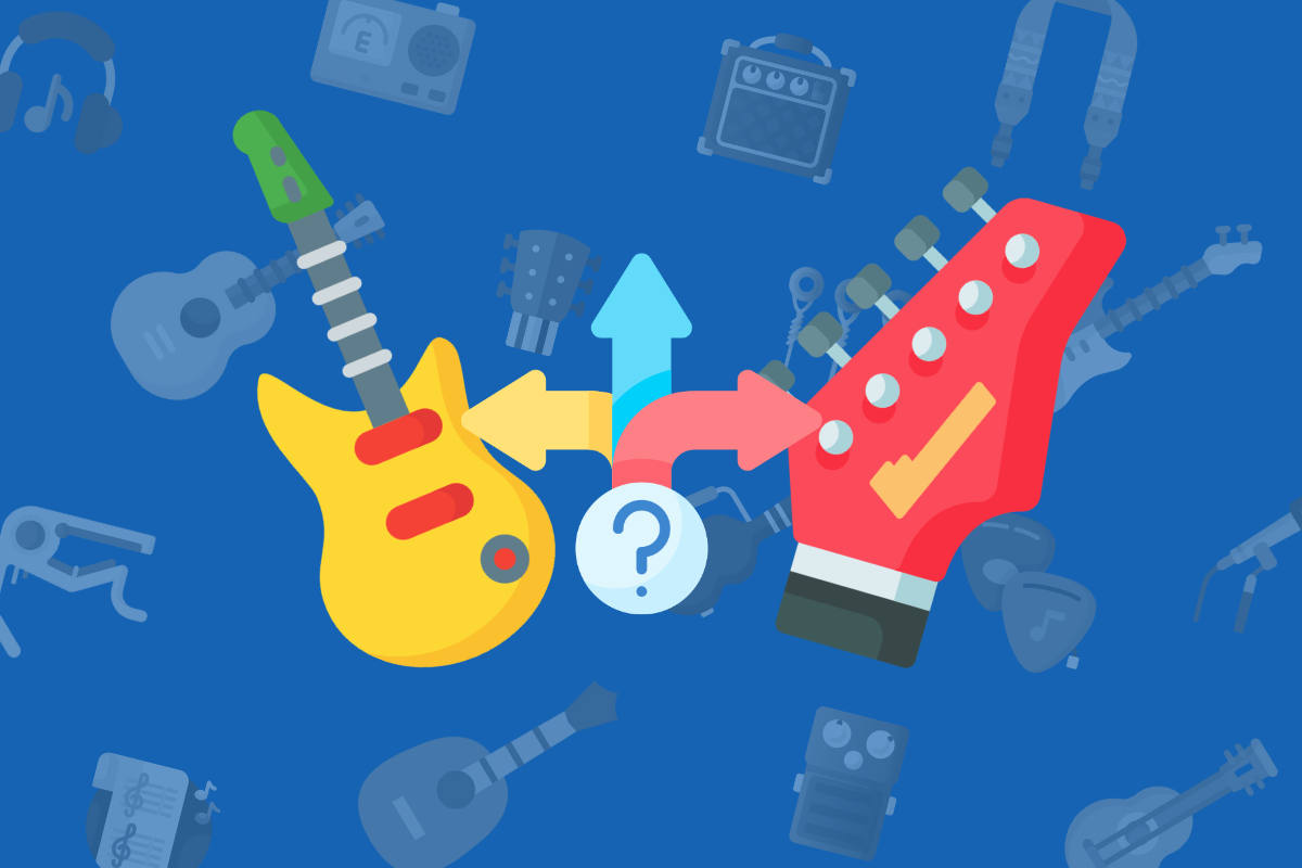 animated yellow electric guitar with colorful arrows in middle beside red guitar headstock on blue music themed background.