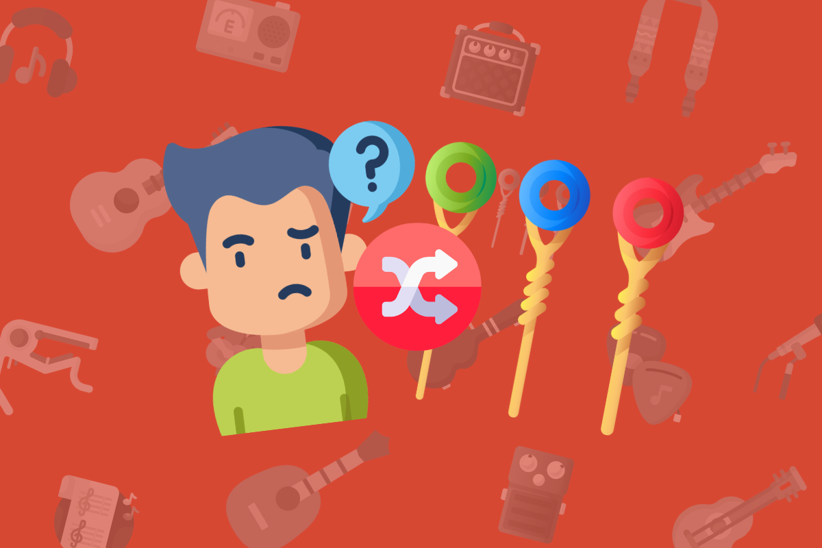 animated man with question mark above head beside red change arrows and metal guitar strings on red music themed background.