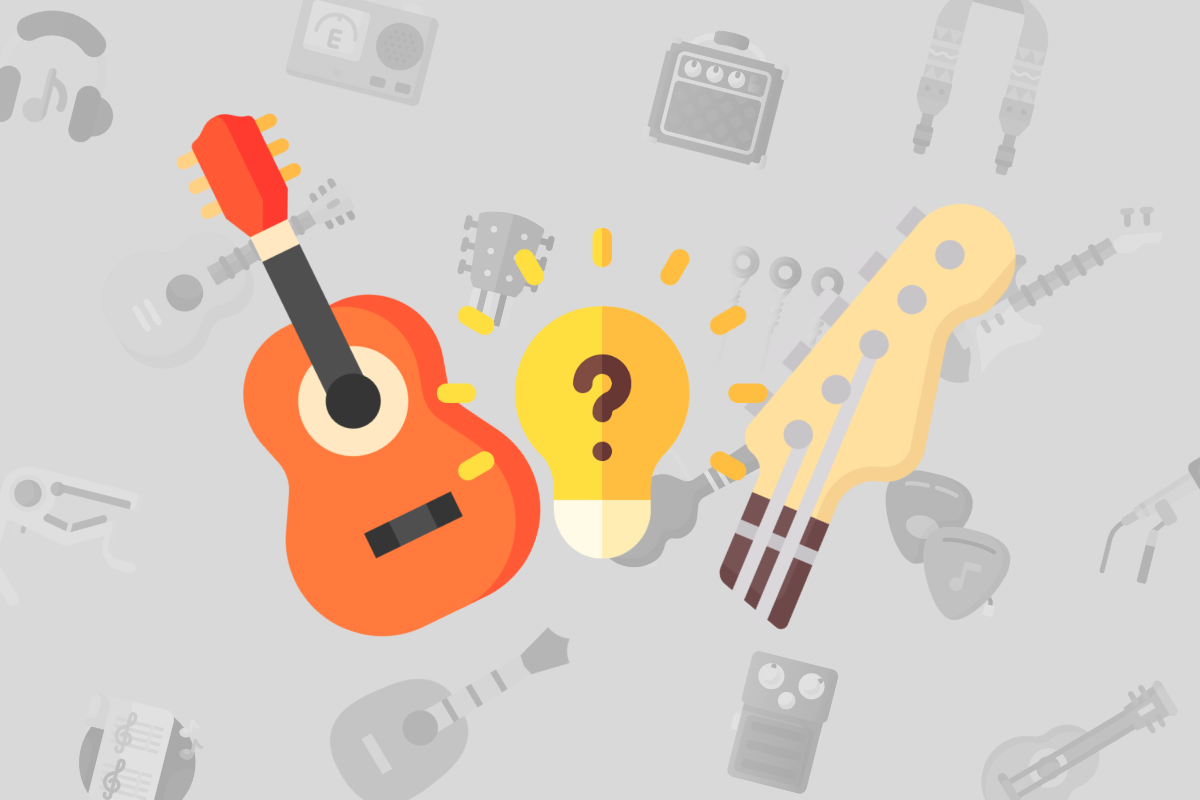 animated orange classical guitar beside yellow lightbulb and head of guitar on grey music themed background.