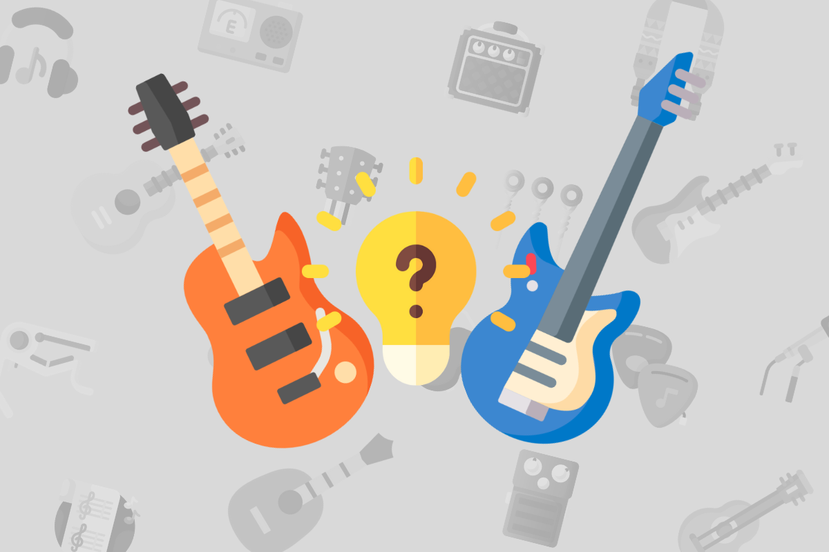 two animated electric guitars with lightbulb in middle on grey music themed background