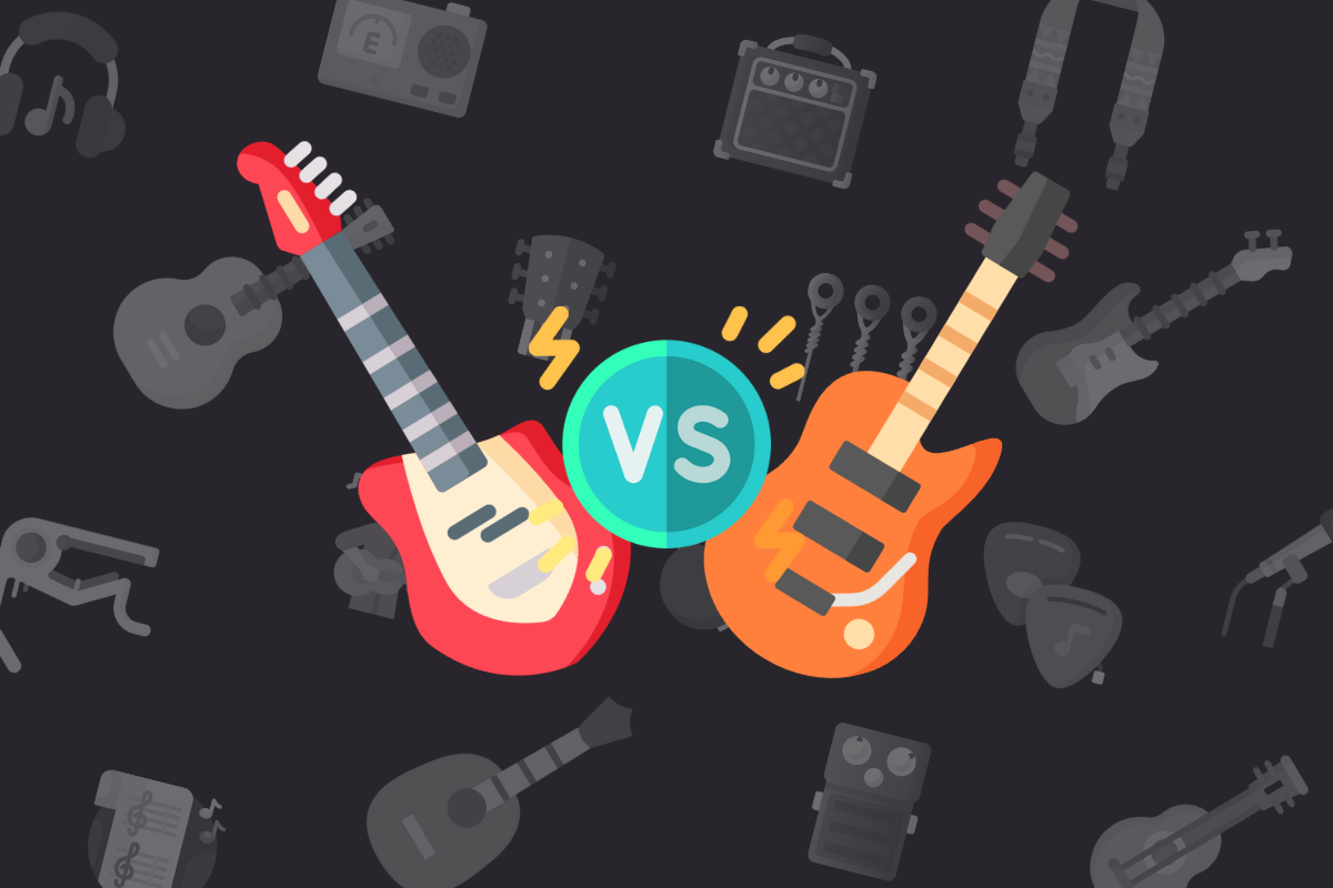 animated red bass guitar beside orange electric guitar with versus symbol in middle on black music themed background.