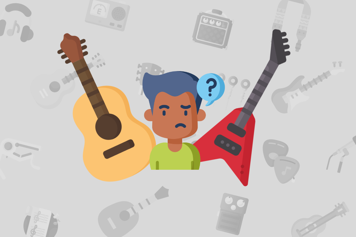 animated acoustic guitar beside dark confused head beside red electric guitar on grey music themed background.