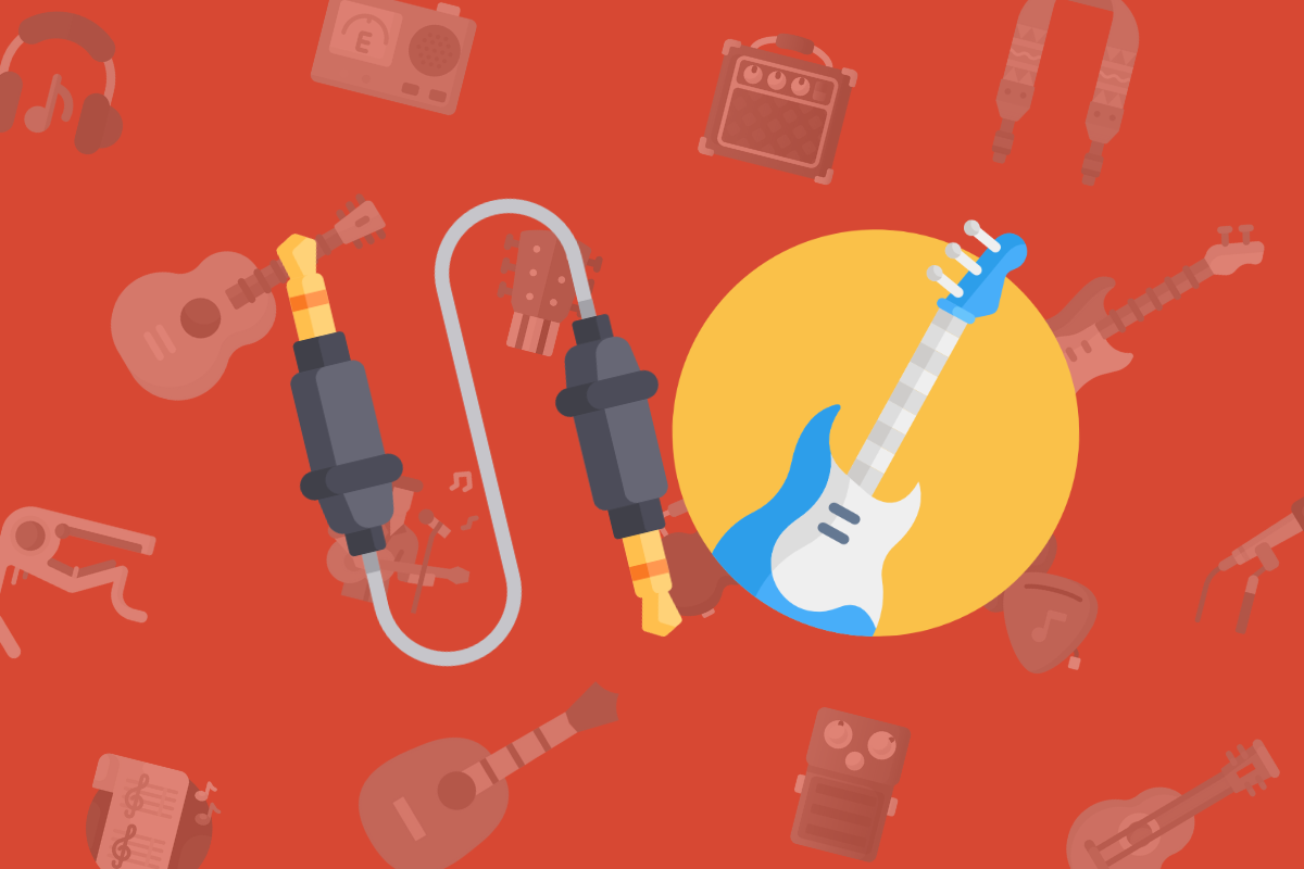 animated guitar cable beside yellow circle with electric guitar inside on red music themed background.