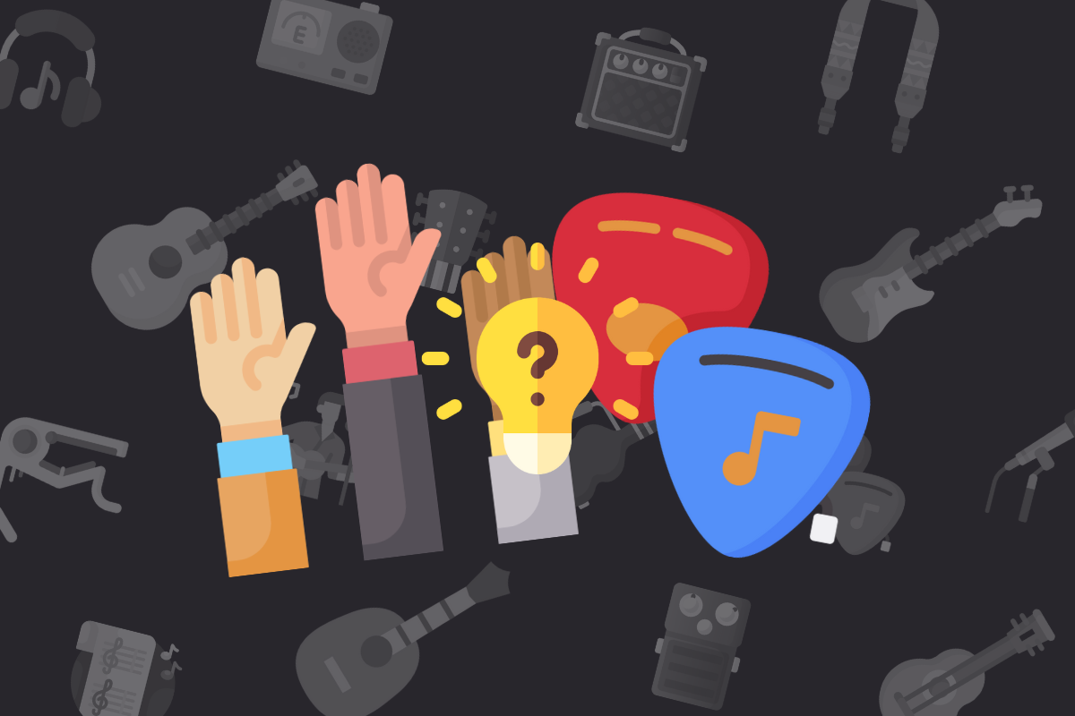 animated hands behind yellow lightbulb with question mark beside red and blue guitar pick on black music themed background.