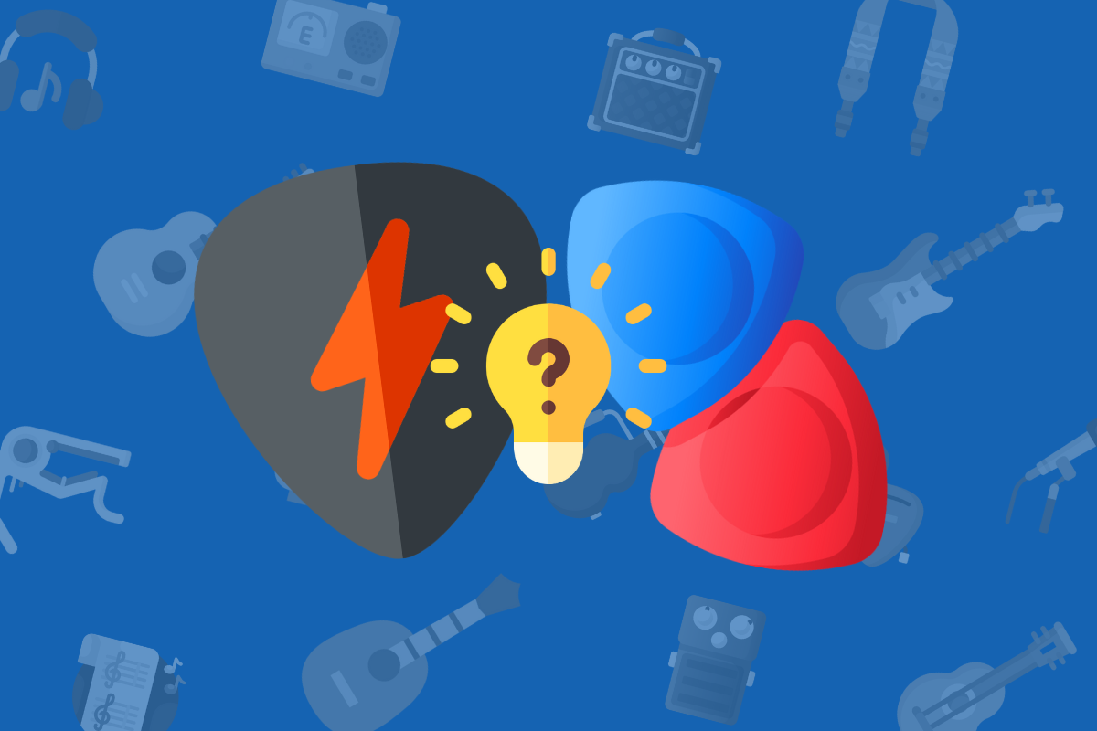 animated black guitar pick beside yellow lightbulb and blue and red guitar picks on blue music themed background.