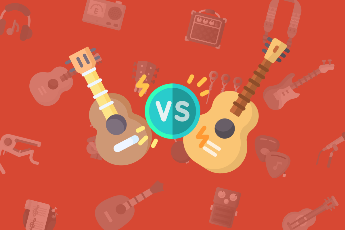 animated brown ukulele beside acoustic guitar with blue versus symbol in between on red music themed background.