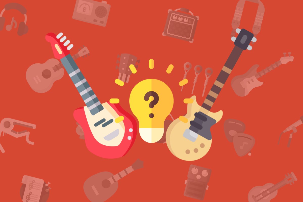 animated bass guitars with yellow lightbulb with question mark in the middle on red music themed background.